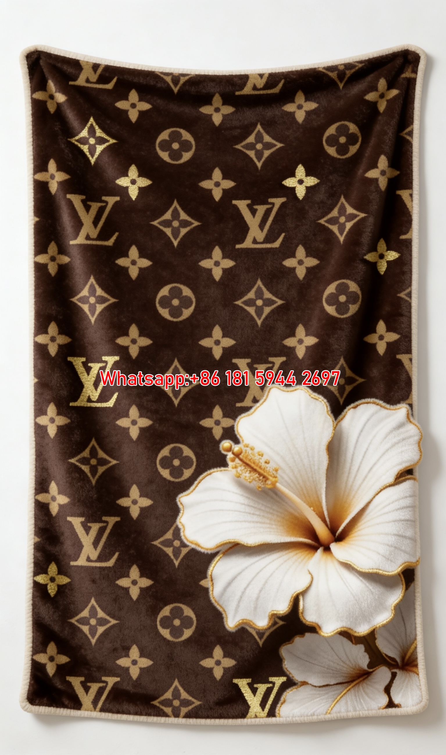 Luxury LV Monogram White Hibiscus Flannel Throw Blanket 391